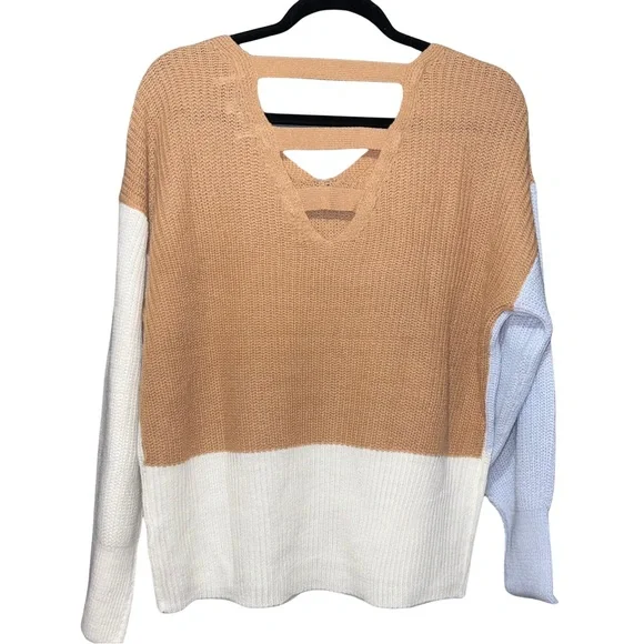 Tan and Blue V-Neck Colorblock Sweater - Picture 5 of 6